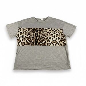 SHEIN Girls Gray Leopard Print Panel Short Sleeve T-Shirt Crewneck Size 11-12Y